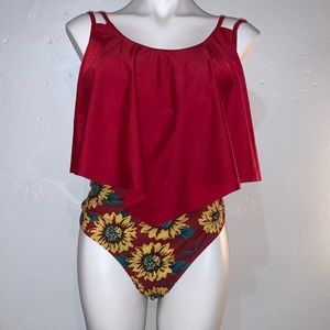 Wine Tankini With Sunflower Bottoms